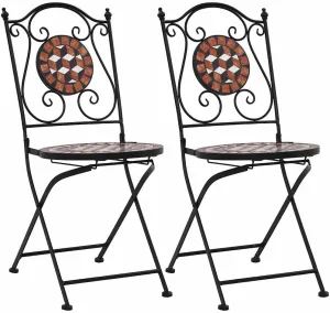 2-Piece Brown Ceramic Mosaic Patio Chairs with Iron Frame, Outdoor Furniture Set for Garden Balcony, 34.3" Height, All-Weather Resistant Seating