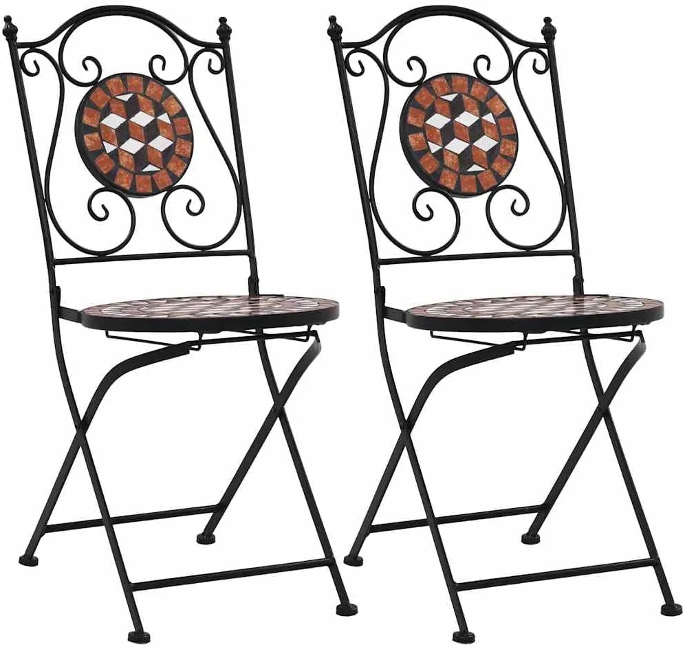 2-Piece Brown Ceramic Mosaic Patio Chairs with Iron Frame, Outdoor Furniture Set for Garden Balcony, 34.3" Height, All-Weather Resistant Seating