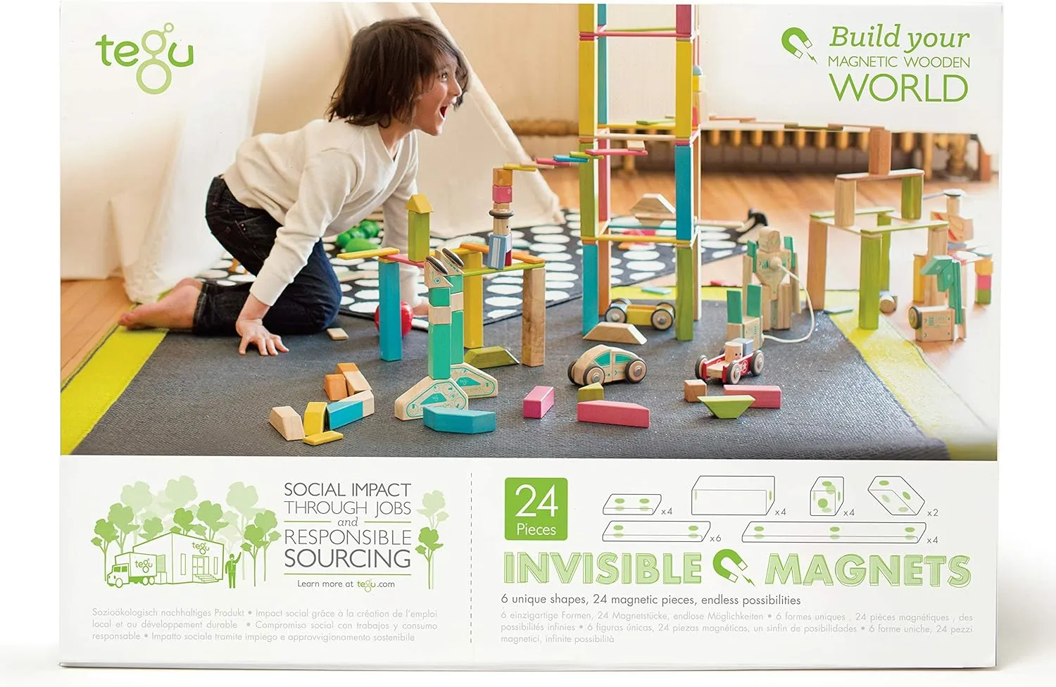 24 Piece Tegu Magnetic Wooden Block Set, Blues, 1-99 years old