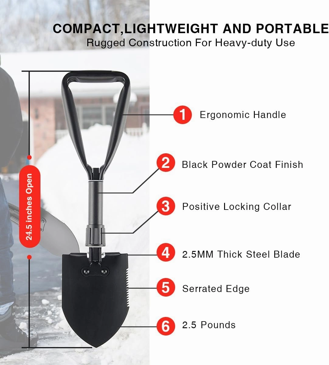 24.5" Collapsible Shovel, Heavy Duty Foldable Shovel, Camping Shovel and Pickax, Military Entrenching Tool for Gardening, Camping, Mud&Snow, Off Road, Portable Car Emergency kit