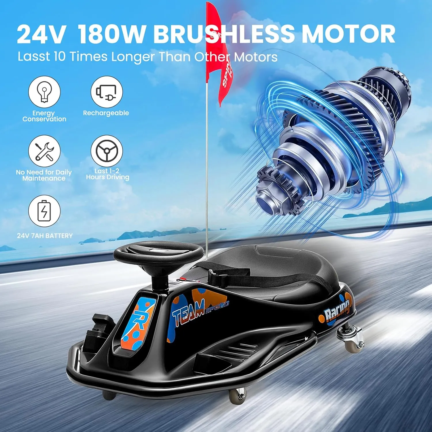 24V Electric Go Kart, 7Ah Drifting Car，Battery Powered Ride on Car Outdoor with 360 Degrees Rotating, Simplified Drift System, Variable Speed, Flashing Lights, Flag(Black)