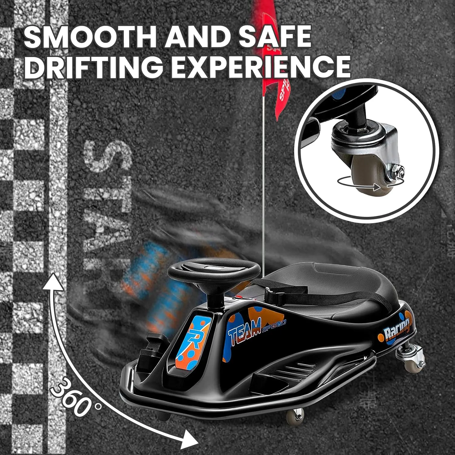 24V Electric Go Kart, 7Ah Drifting Car，Battery Powered Ride on Car Outdoor with 360 Degrees Rotating, Simplified Drift System, Variable Speed, Flashing Lights, Flag(Black)
