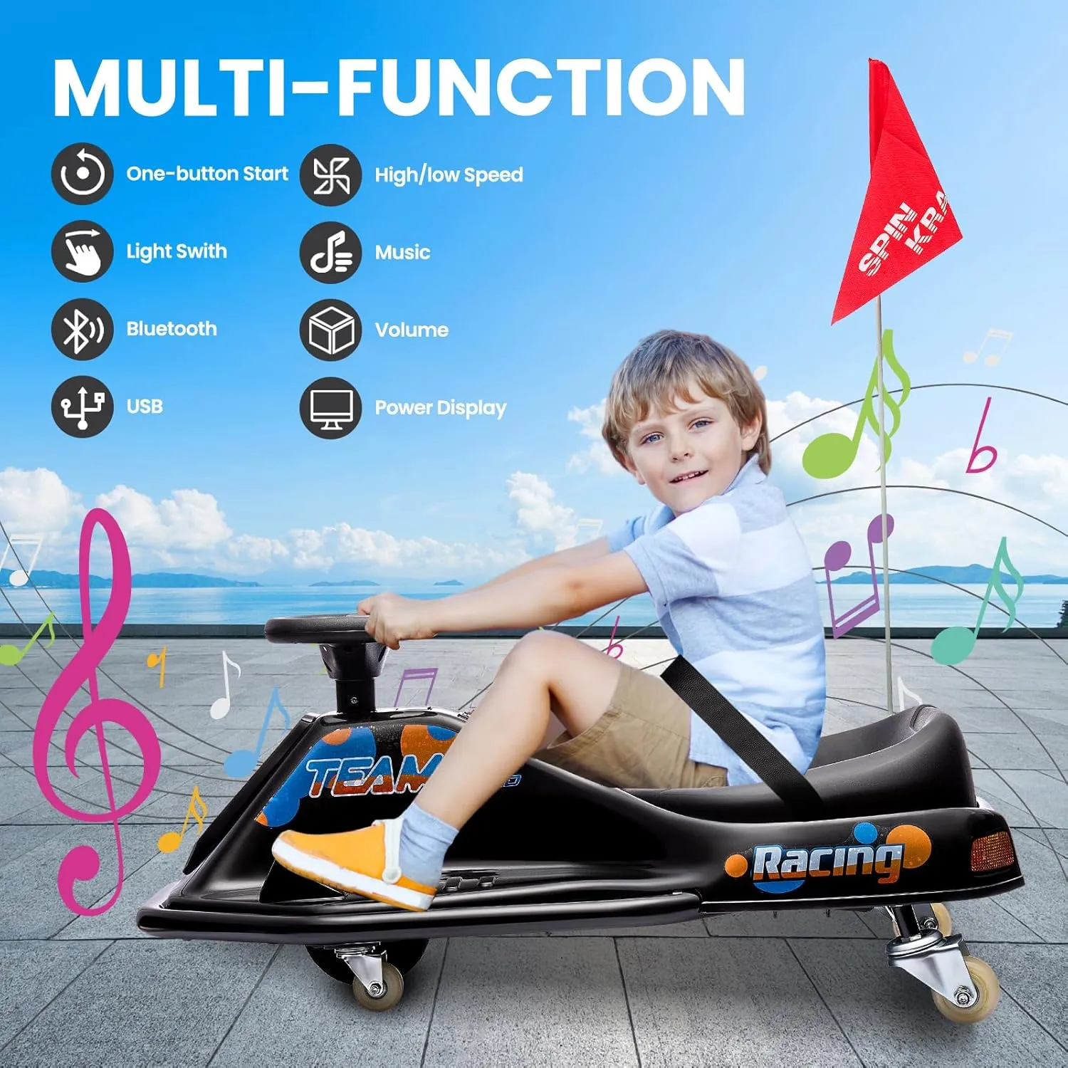 24V Electric Go Kart, 7Ah Drifting Car，Battery Powered Ride on Car Outdoor with 360 Degrees Rotating, Simplified Drift System, Variable Speed, Flashing Lights, Flag(Black)
