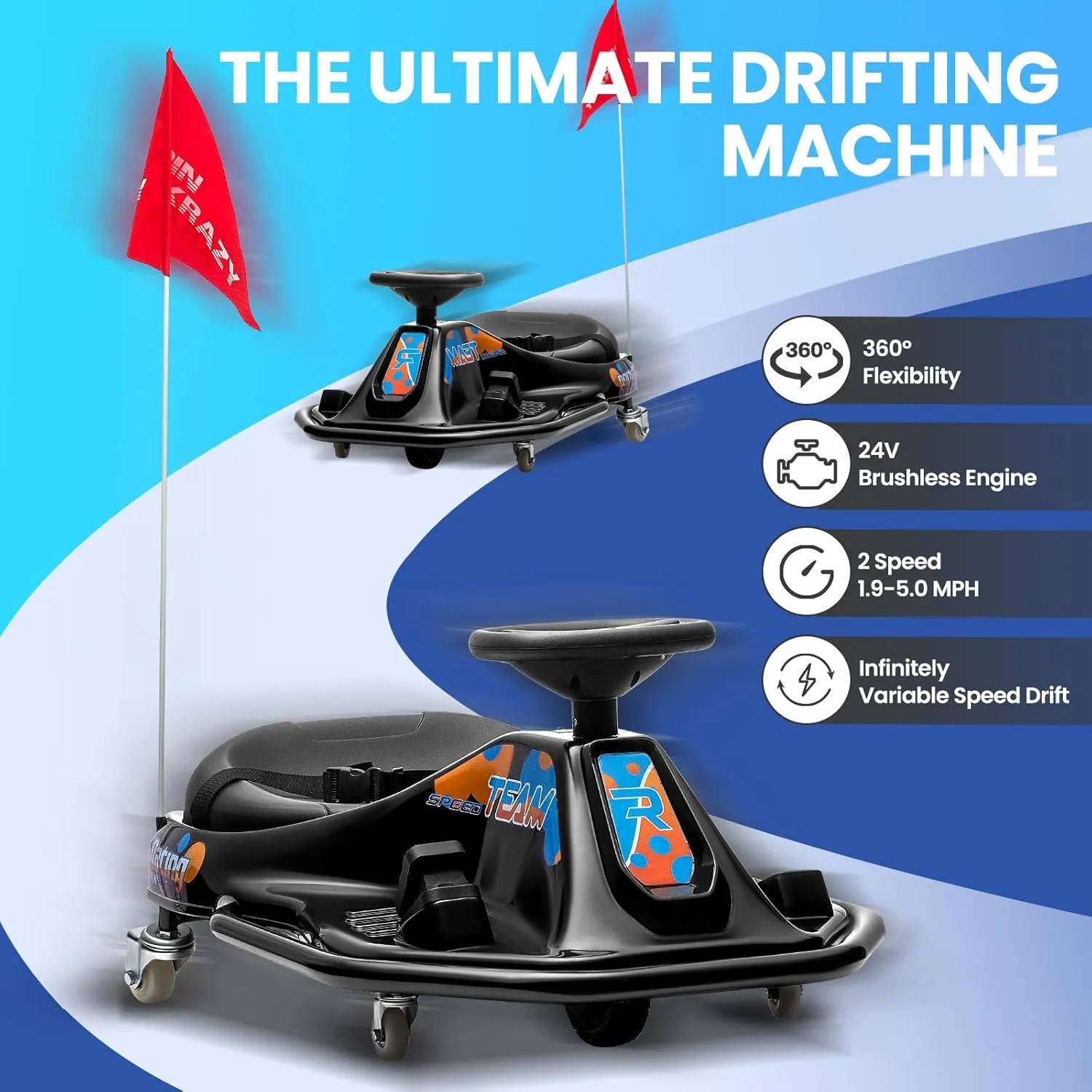 24V Electric Go Kart, 7Ah Drifting Car，Battery Powered Ride on Car Outdoor with 360 Degrees Rotating, Simplified Drift System, Variable Speed, Flashing Lights, Flag(Black)