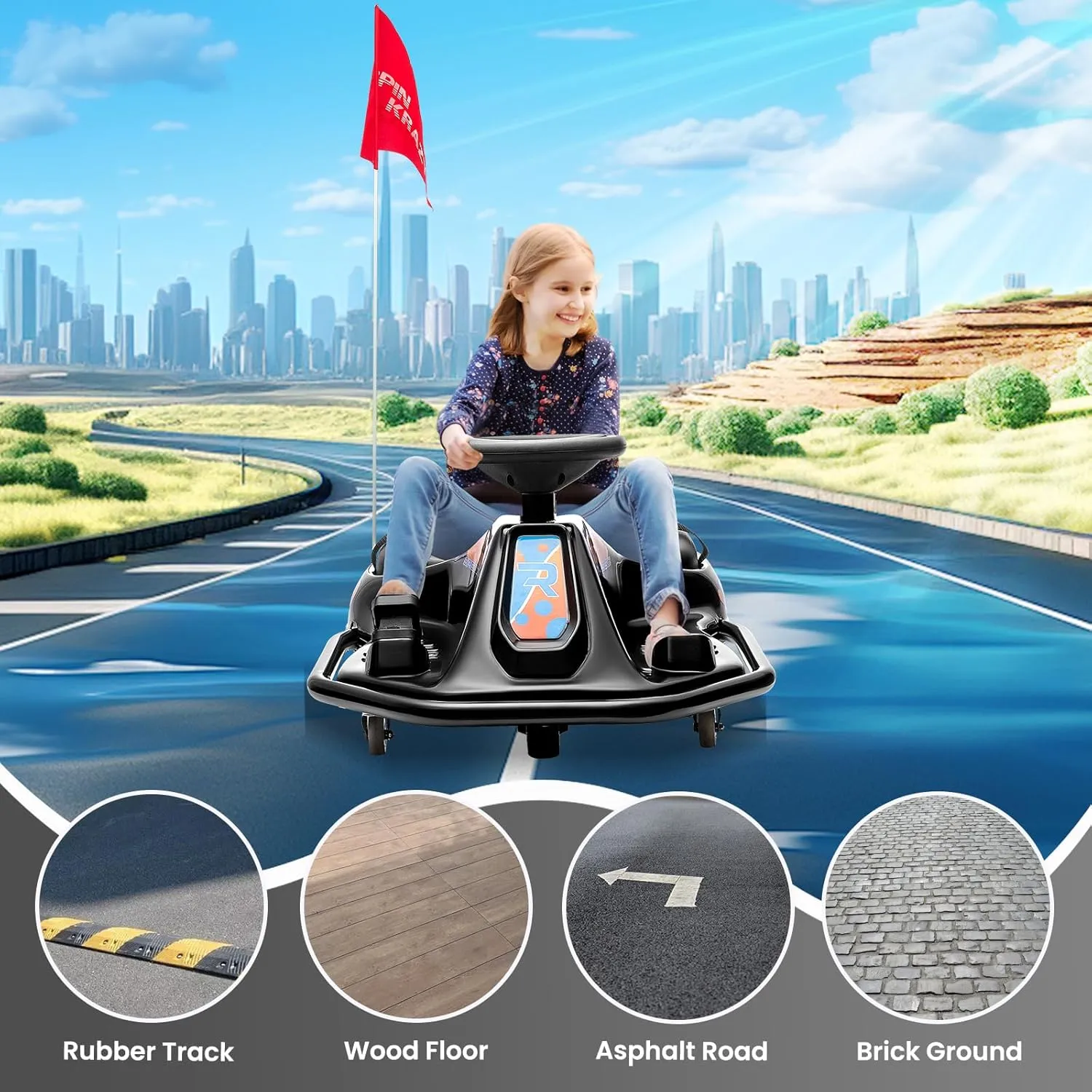24V Electric Go Kart, 7Ah Drifting Car，Battery Powered Ride on Car Outdoor with 360 Degrees Rotating, Simplified Drift System, Variable Speed, Flashing Lights, Flag(Black)