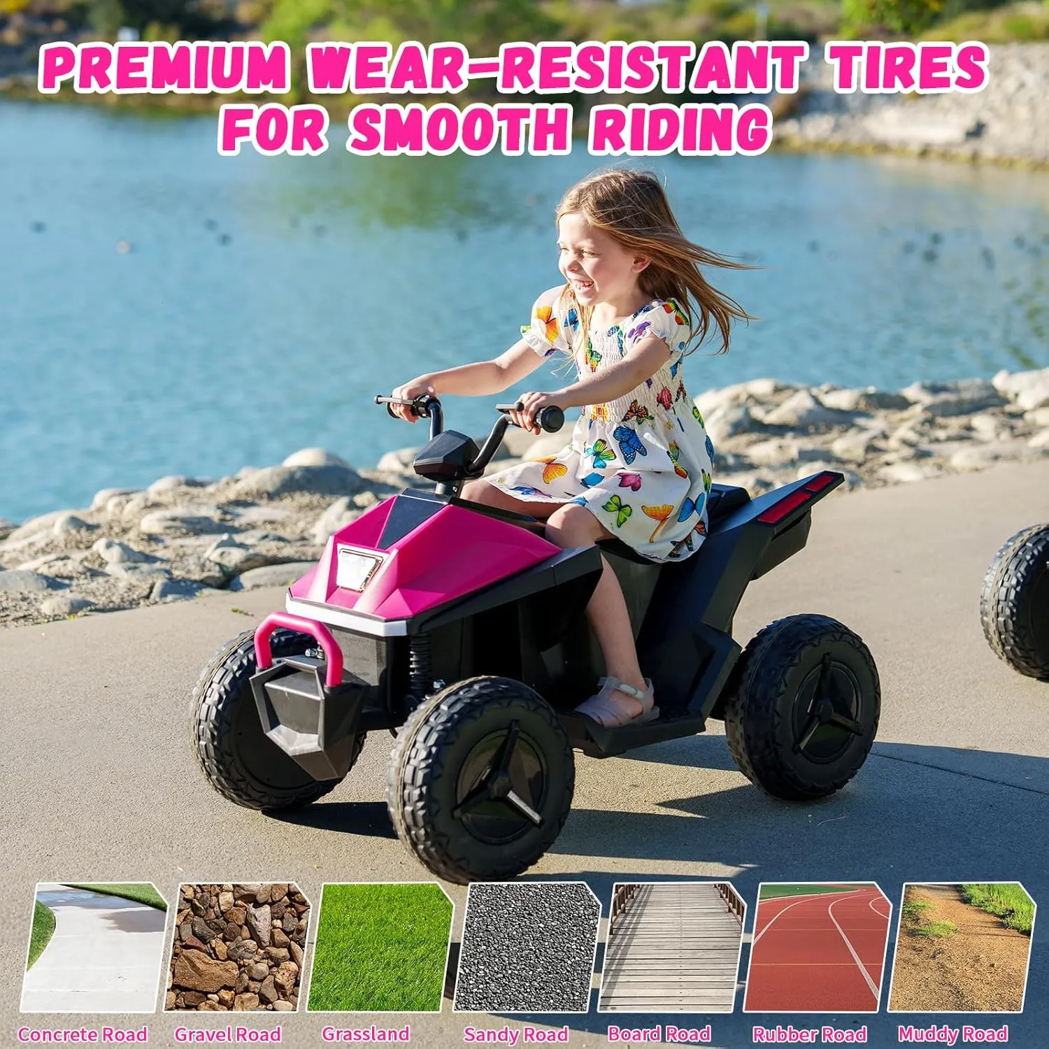 24V Kids ATV, 2 Seater Ride-On ATV for Kids Age 4-8 with 4 Spring Suspensions Power Wheel Electric Vehicle Car with Music, Led Lights, Bluetooth (Pink)