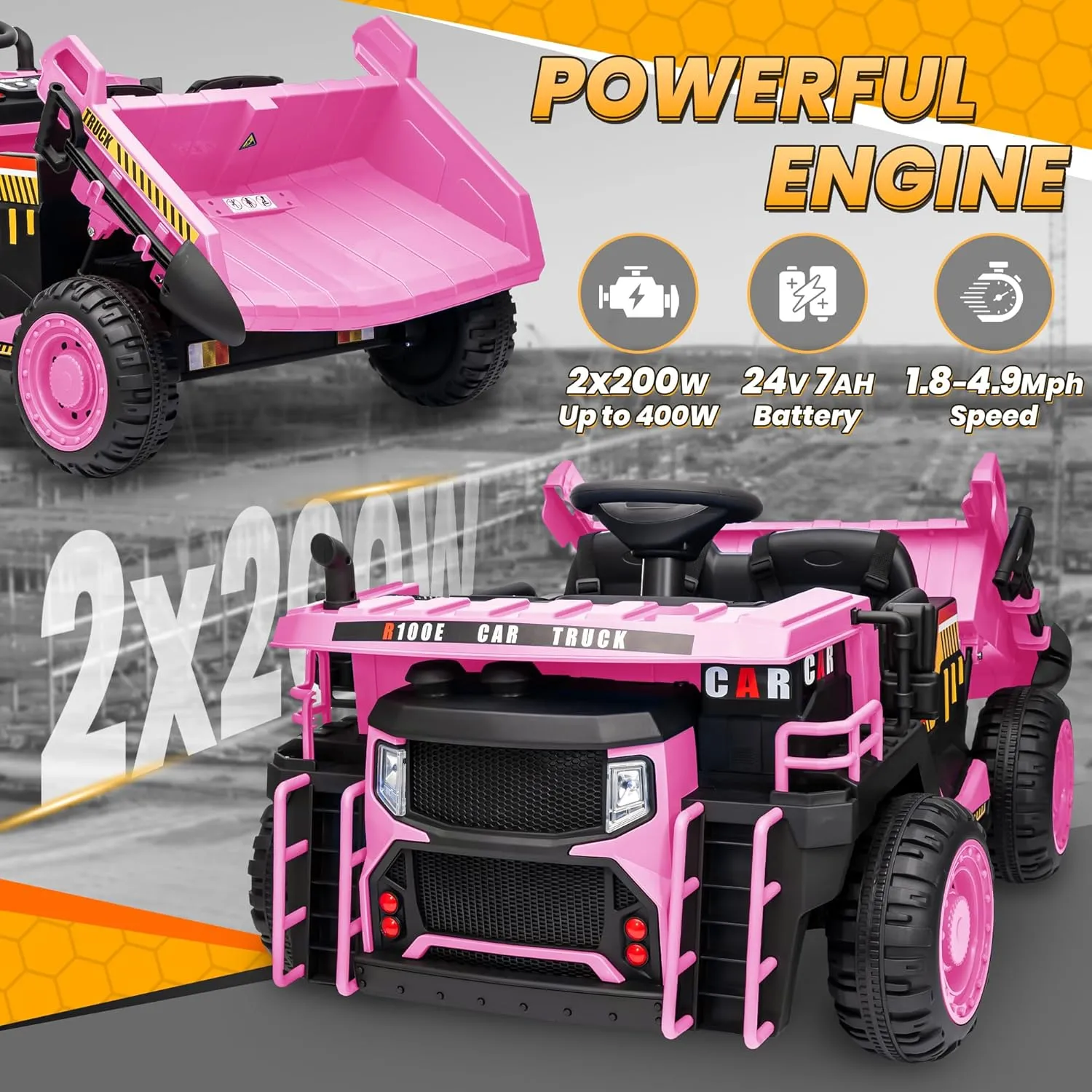 24V Ride On Dump Truck, 400W Powerful Motors, 20" Spacious Two Seater Ride On Car w/Electric Dump Bed and Extra Shovel, Up to 4.9Mph, 110LBS Max, Ride on Construction Vehicle for Kids-Pink