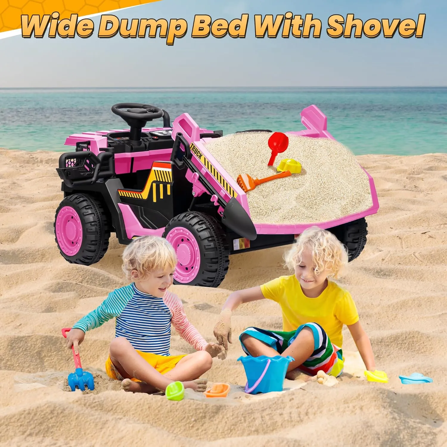 24V Ride On Dump Truck, 400W Powerful Motors, 20" Spacious Two Seater Ride On Car w/Electric Dump Bed and Extra Shovel, Up to 4.9Mph, 110LBS Max, Ride on Construction Vehicle for Kids-Pink