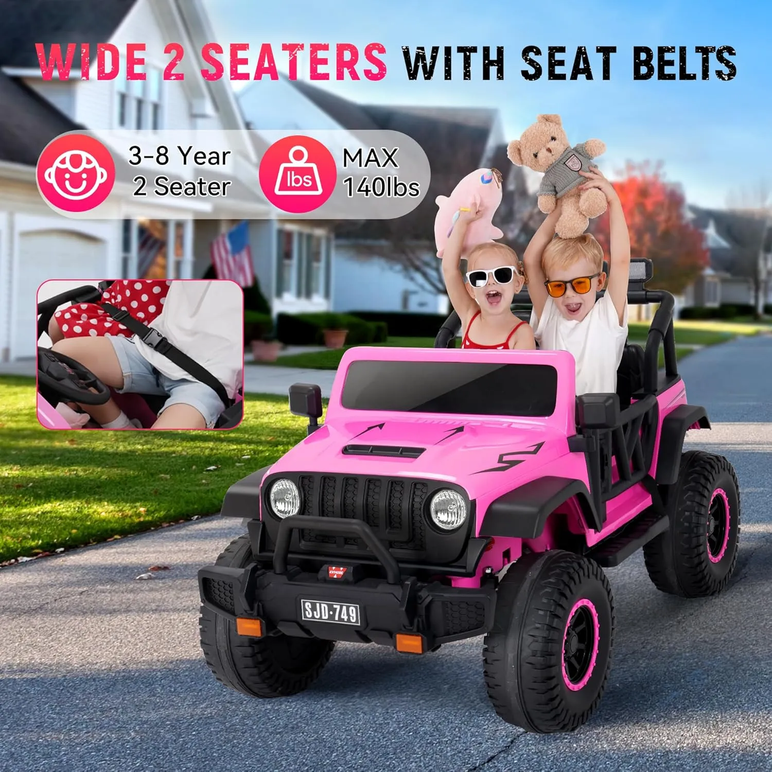 24V Ride on Truck Car 2 Seater Ride Kids Electric Car - 7Ah Large Battery Kids Electric Vehicles with Remote Control, 4WD 3 Speeds LED Lights, Horn, Music for Kids Aged Pink