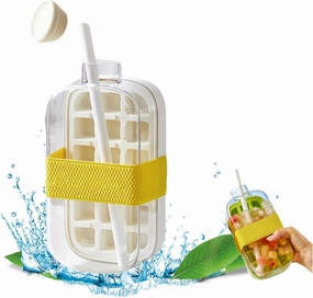 2-in-1 Ice Cube Bottle with Straw - Easy Press Ice Tray Water Bottle, Leak Proof Lid, Vertical Ice Maker for Freezer, Travel, Gym & Home Use (White, 800ml)