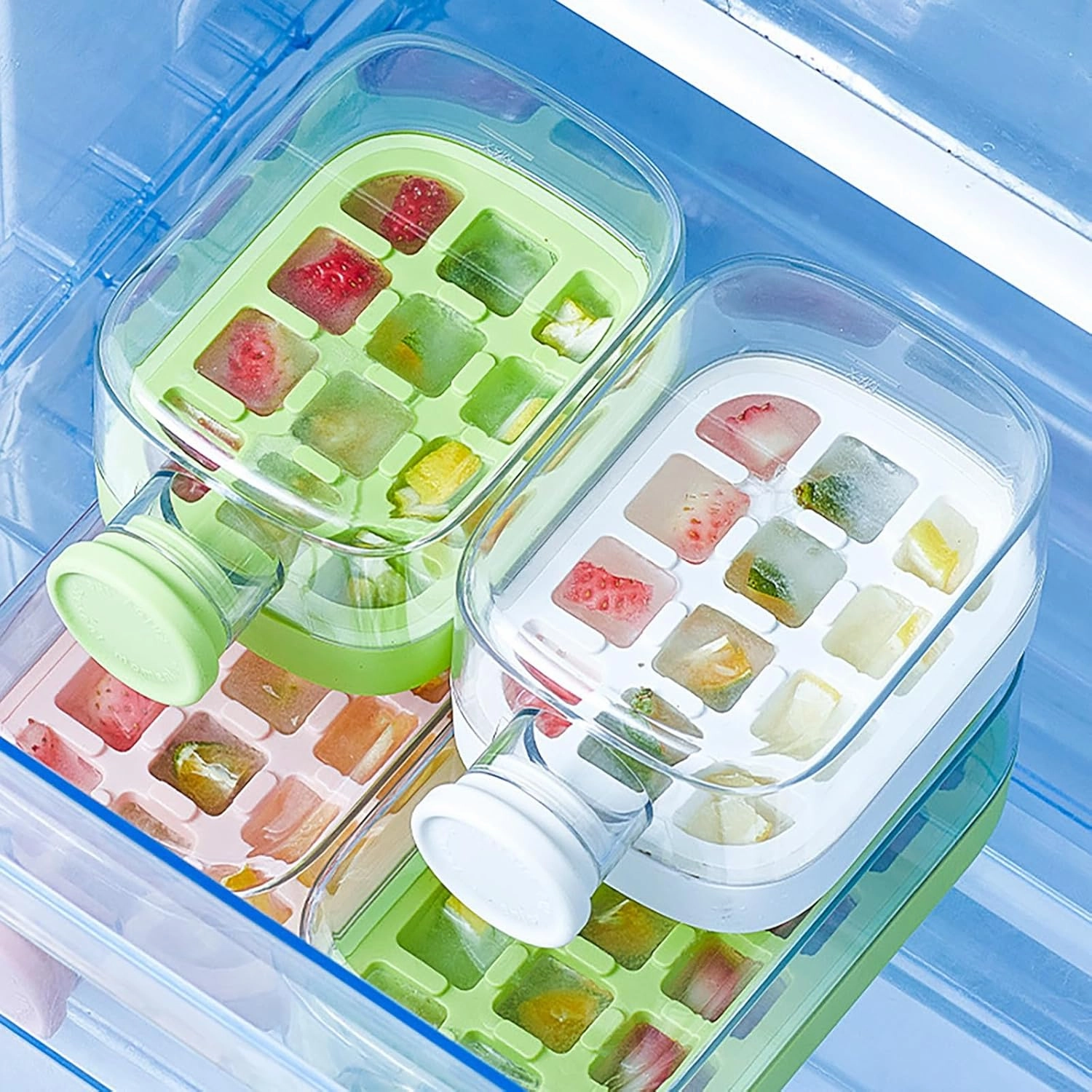 2-in-1 Ice Cube Bottle with Straw - Easy Press Ice Tray Water Bottle, Leak Proof Lid, Vertical Ice Maker for Freezer, Travel, Gym & Home Use (White, 800ml)