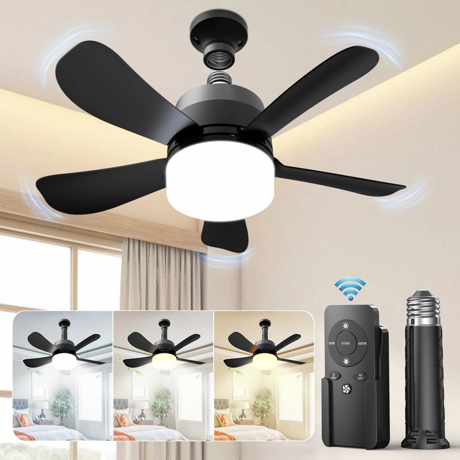 2-in-1 Socket Fan Light with Remote, Small Ceiling Fans with Lights, 3 Colors Dimmable LED Light Bulb Fan, 1000LM, Easy Install Screw-in E26 Base for Bedroom Kitchen Garage Living Room