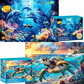 2 Pack Puzzles for Adults 1000 Pieces-Sea Turtle & Dolphins Difficult Jigsaw Puzzles for Adults,Hard Jigsaw Puzzle Decorations DIY Leisure Game Toy Suitable Family Friends(27.5x20 inches)