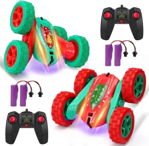 2PACK Christmas Style Remote Control Car RC Stunt Car for Kids,2.4Ghz High Speed Rock Crawler Vehicle,360 Rotating 4WD Off Road Double Sided Rotating Tumbling with 4 Rechargeable Battery，Red Green