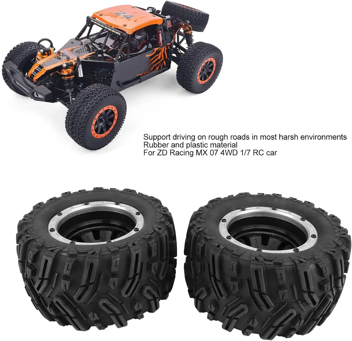 2PCS RC Car Rubber Tire, Strong Grip RC Rubber Wheels, Flexible Strong Cushioning RC Car Tires Replacement, RC Car Wheels for 1/7 RC Car(Silver)