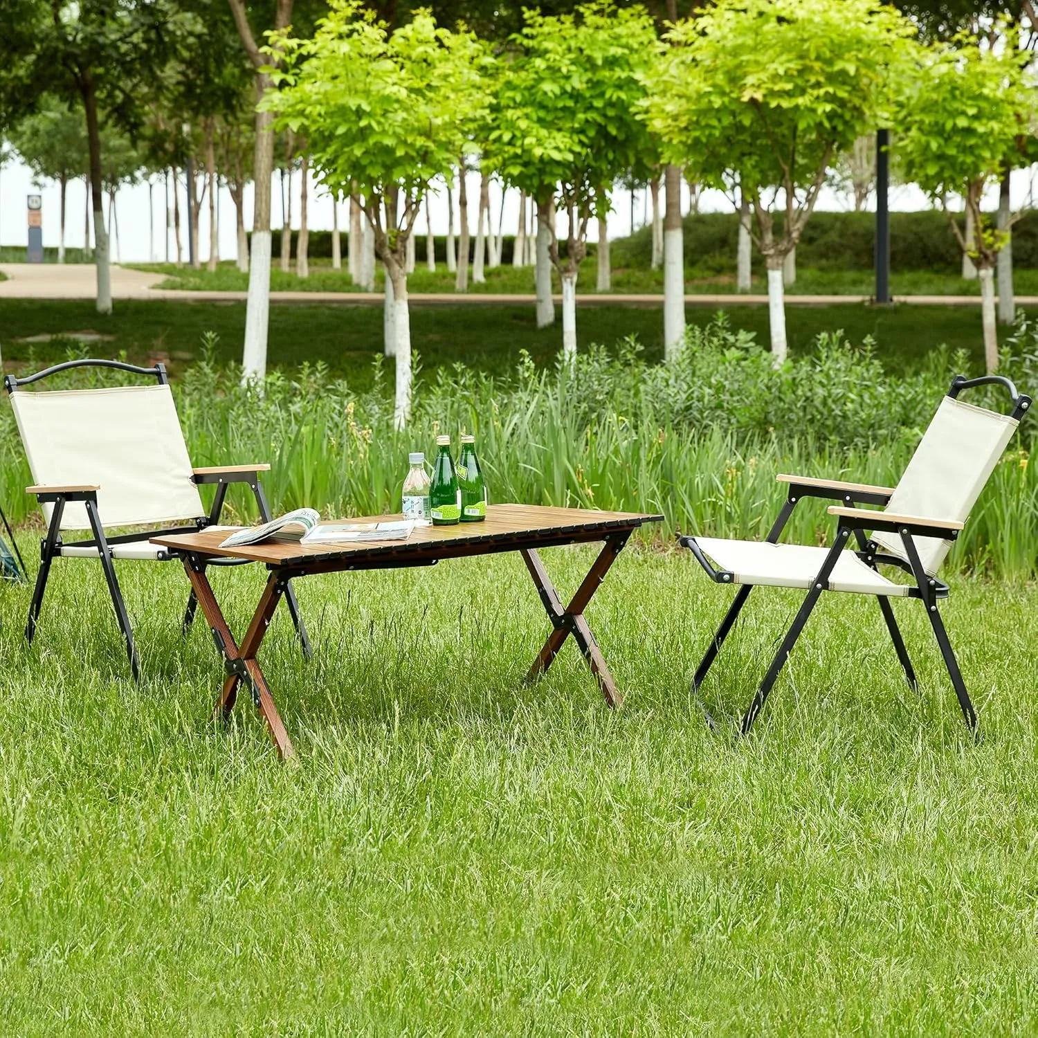 3-Piece Folding Outdoor Table and Chairs Set, Lightweight Roll-up Design for Camping, Picnics, and BBQ, Brown/Beige