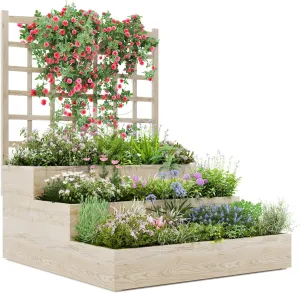3 Tier Raised Garden Bed With Trellis, Wooden Vertical Planters with Open-Ended Base for Climbing Plants Vines Flower Herb Vegetable Fruit, Outdoor Planter Boxes for Patio Yard Lawn