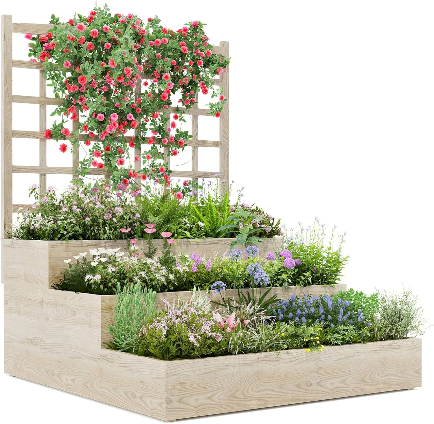 3 Tier Raised Garden Bed With Trellis, Wooden Vertical Planters with Open-Ended Base for Climbing Plants Vines Flower Herb Vegetable Fruit, Outdoor Planter Boxes for Patio Yard Lawn