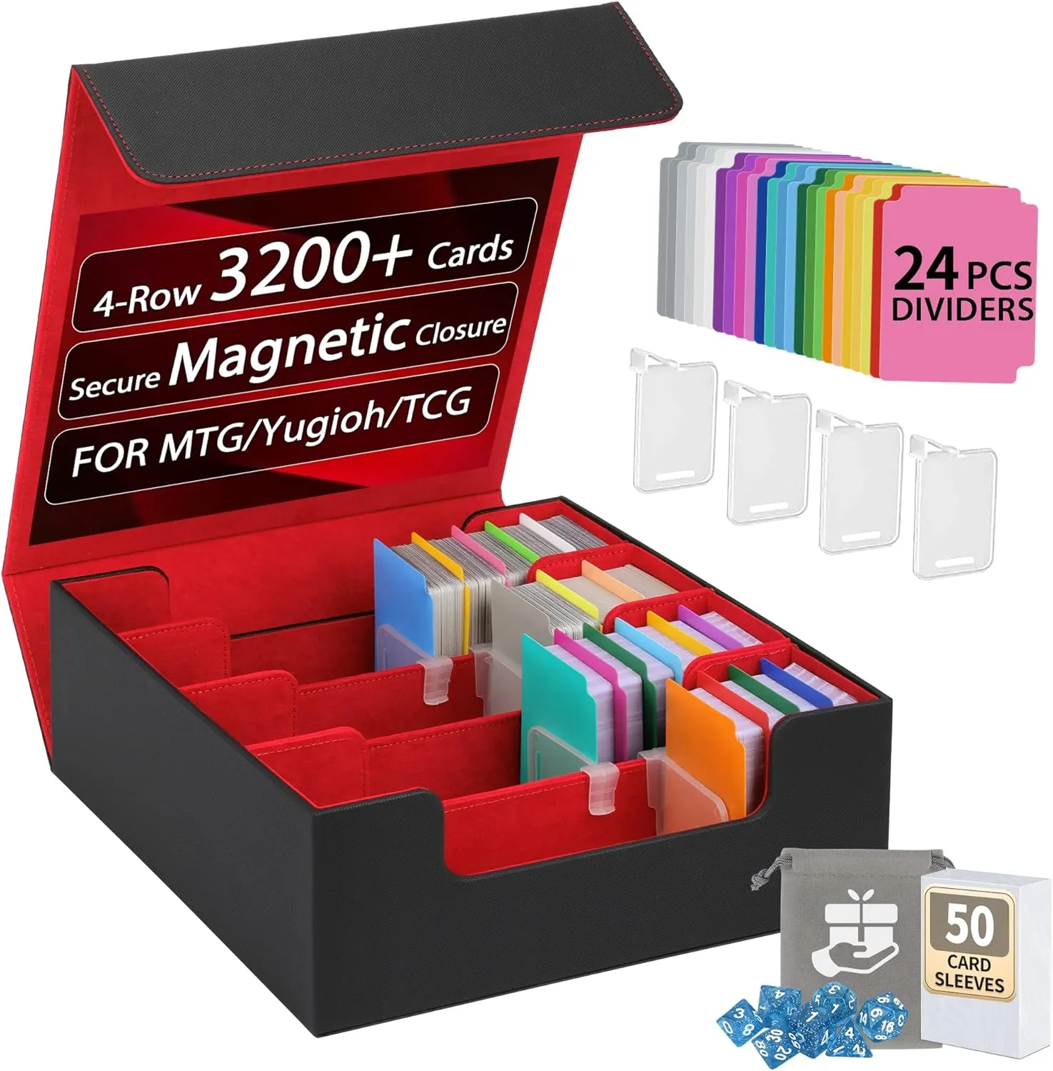 3200  Trading Card Storage Box with Dividers, Sleeves, Dice Bag & Magnetic Closure, PU Leather Deck Case – Fits Standard TCG, Sports Cards – 4 Row (Red)