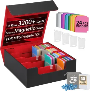 3200  Trading Card Storage Box with Dividers, Sleeves, Dice Bag & Magnetic Closure, PU Leather Deck Case – Fits Standard TCG, Sports Cards – 4 Row (Red)