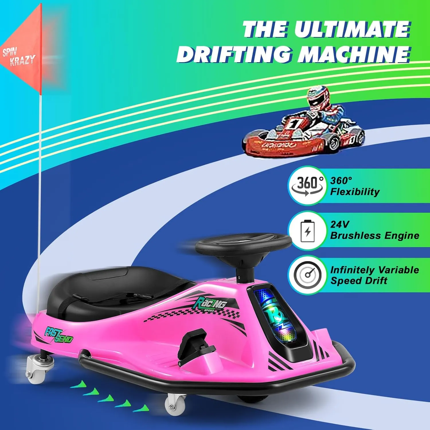 360 Degrees Rotating Ride On Drift Car, 24V Electric Drifting Go Kart for Kids W/Replacement Wheels, High/Low Speed, 24V Brushless Motor, Flashing Lights, Flag, Music,Bluetooth (Pink)