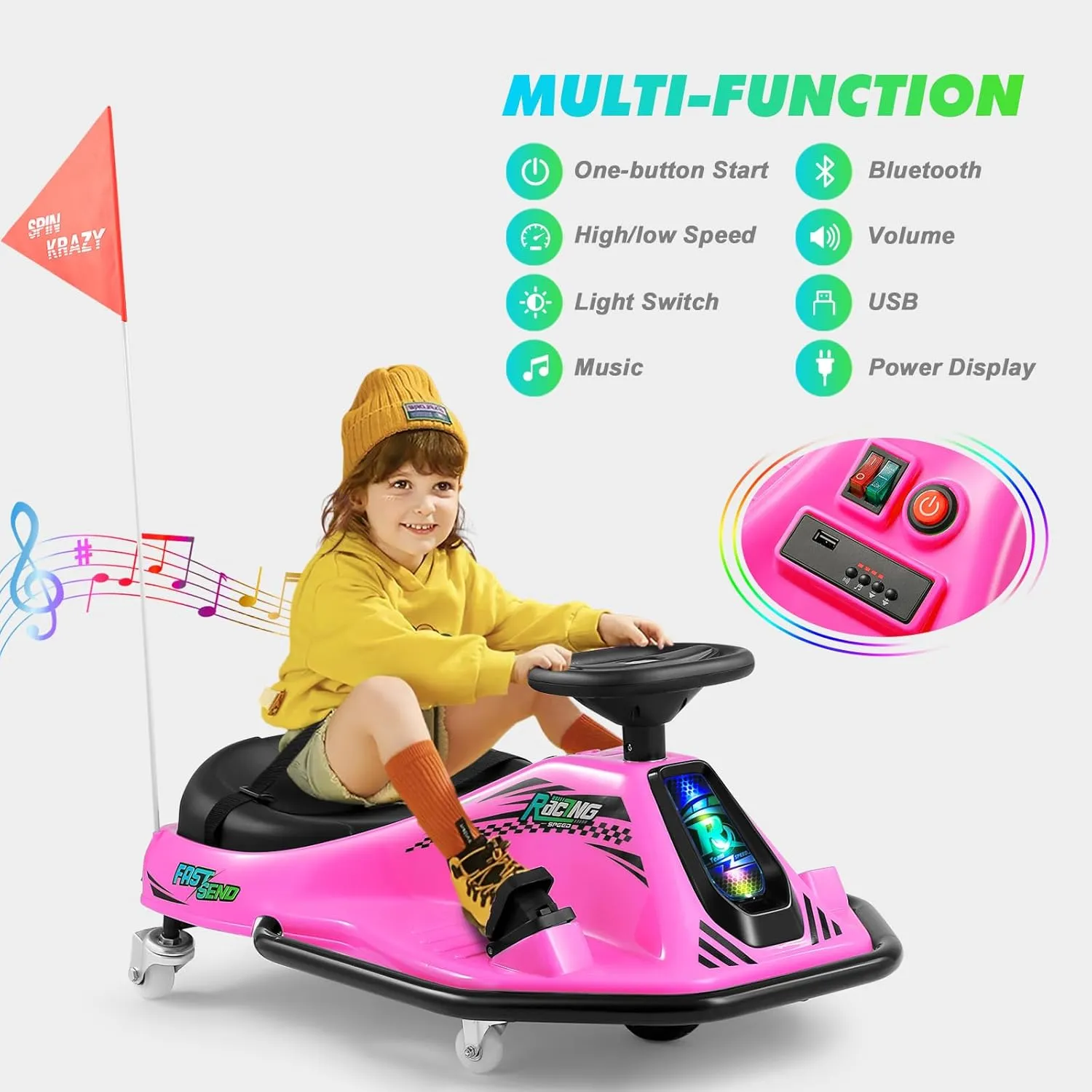 360 Degrees Rotating Ride On Drift Car, 24V Electric Drifting Go Kart for Kids W/Replacement Wheels, High/Low Speed, 24V Brushless Motor, Flashing Lights, Flag, Music,Bluetooth (Pink)