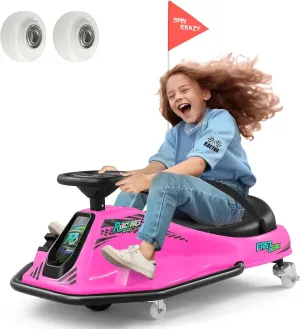 360 Degrees Rotating Ride On Drift Car, 24V Electric Drifting Go Kart for Kids W/Replacement Wheels, High/Low Speed, 24V Brushless Motor, Flashing Lights, Flag, Music,Bluetooth (Pink)