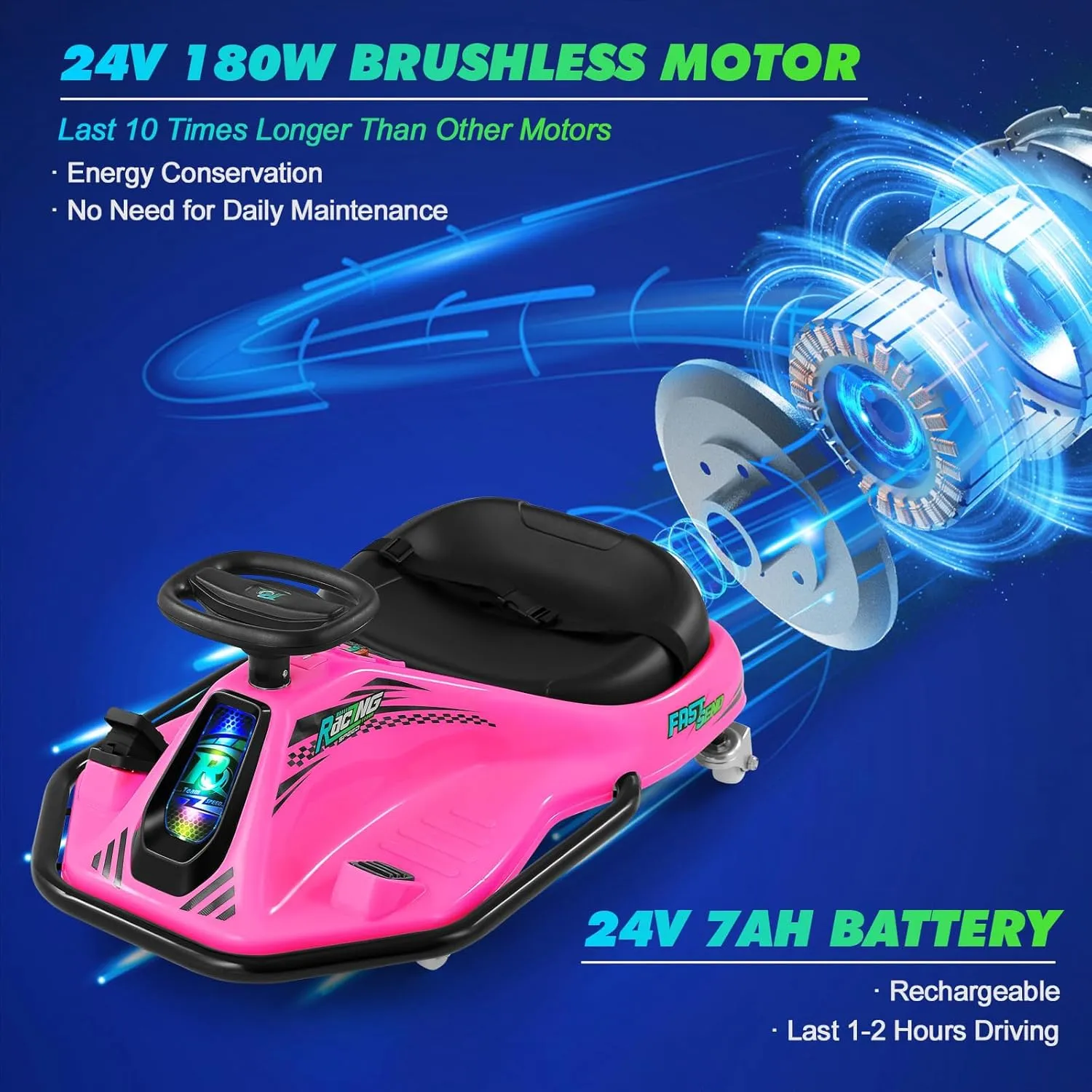 360 Degrees Rotating Ride On Drift Car, 24V Electric Drifting Go Kart for Kids W/Replacement Wheels, High/Low Speed, 24V Brushless Motor, Flashing Lights, Flag, Music,Bluetooth (Pink)