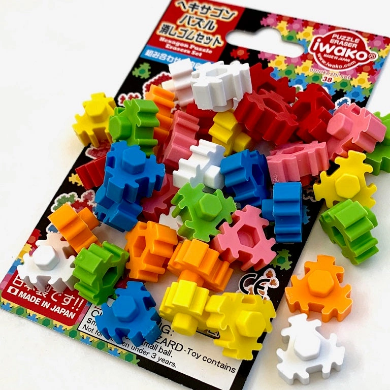 38309 IWAKO HEXAGON PUZZLE ERASER CARDS-10 CARDS