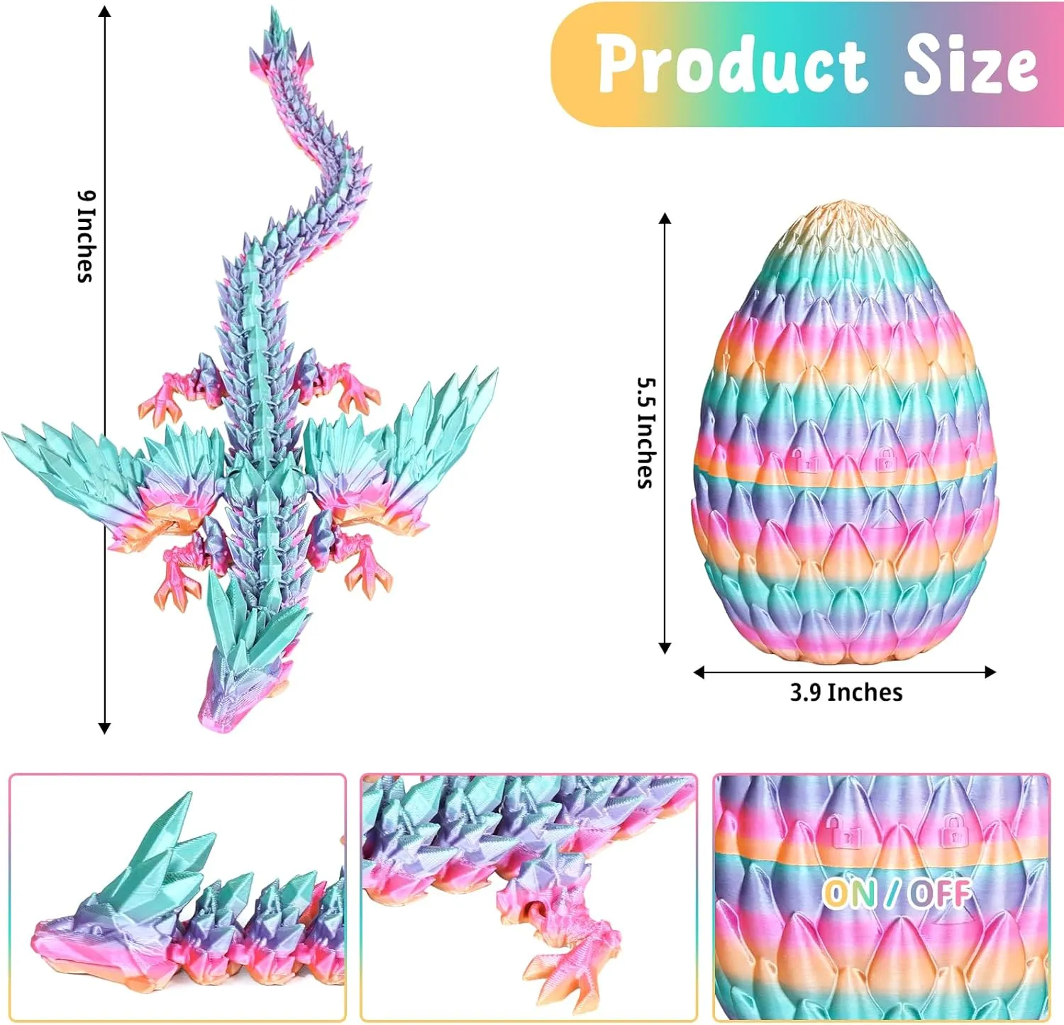 3D Printed Flying Dragon Egg with Articulated Dragon Inside – Toys&Gifts for Kids,Home Decor,Creative Ornaments,Birthday,Easter (Rainbow,Medium)