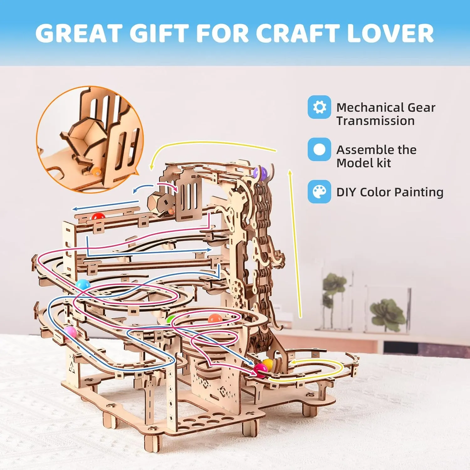 3D Wooden Puzzle Marble Running Kit - Mechanical Model Building Kit for Adults, Brain Teaser Assembly Model, DIY Wooden Puzzle Hobby Toy Gift for Adults and Teens