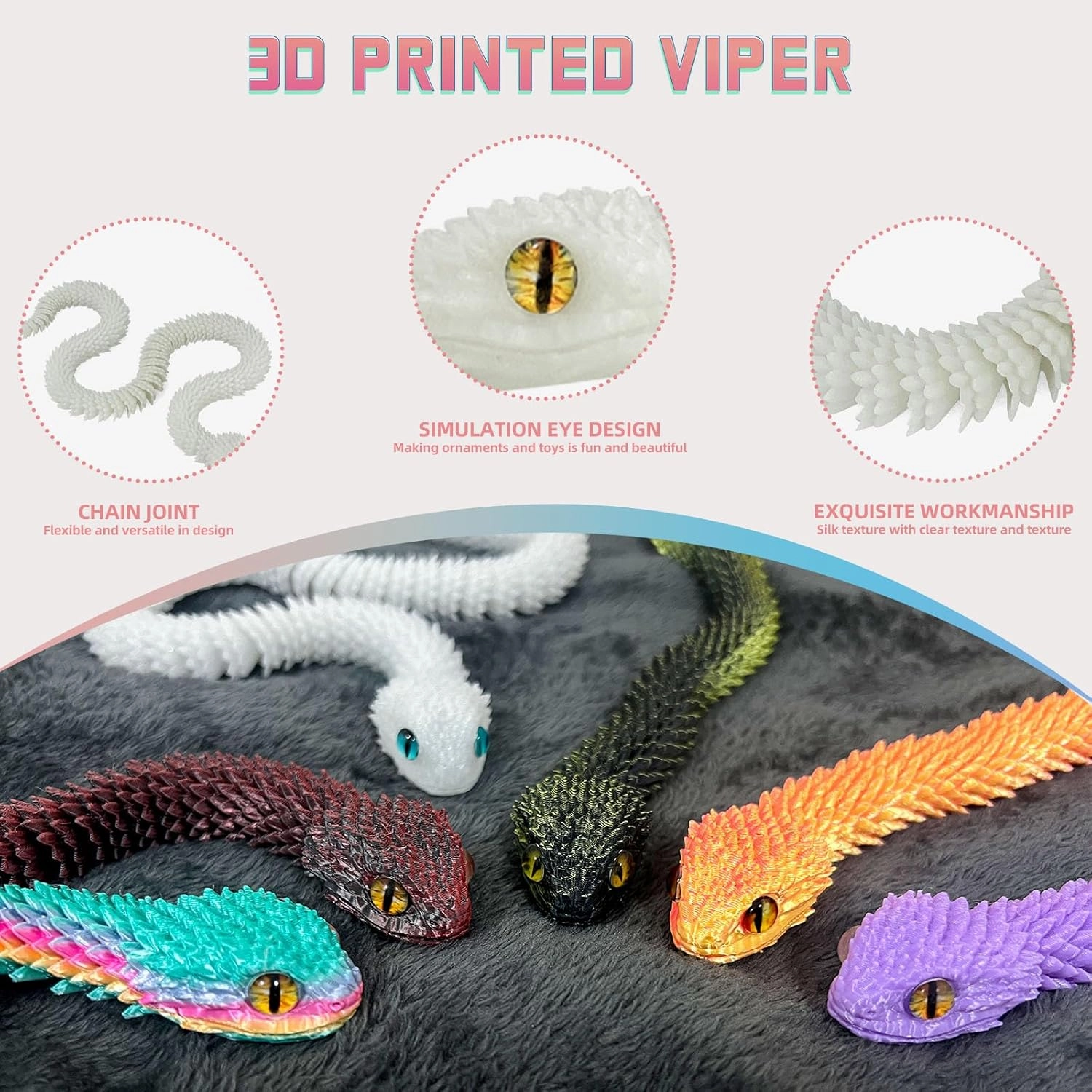 3D Printed Animals-Snake Viper,3D Printed Snake Toys 3D Printed Articulated Snake 3D Printed Animals Animal Model Ornaments Creative Funny Toy Festival Gift for Frends (Purple, 29 Inch)