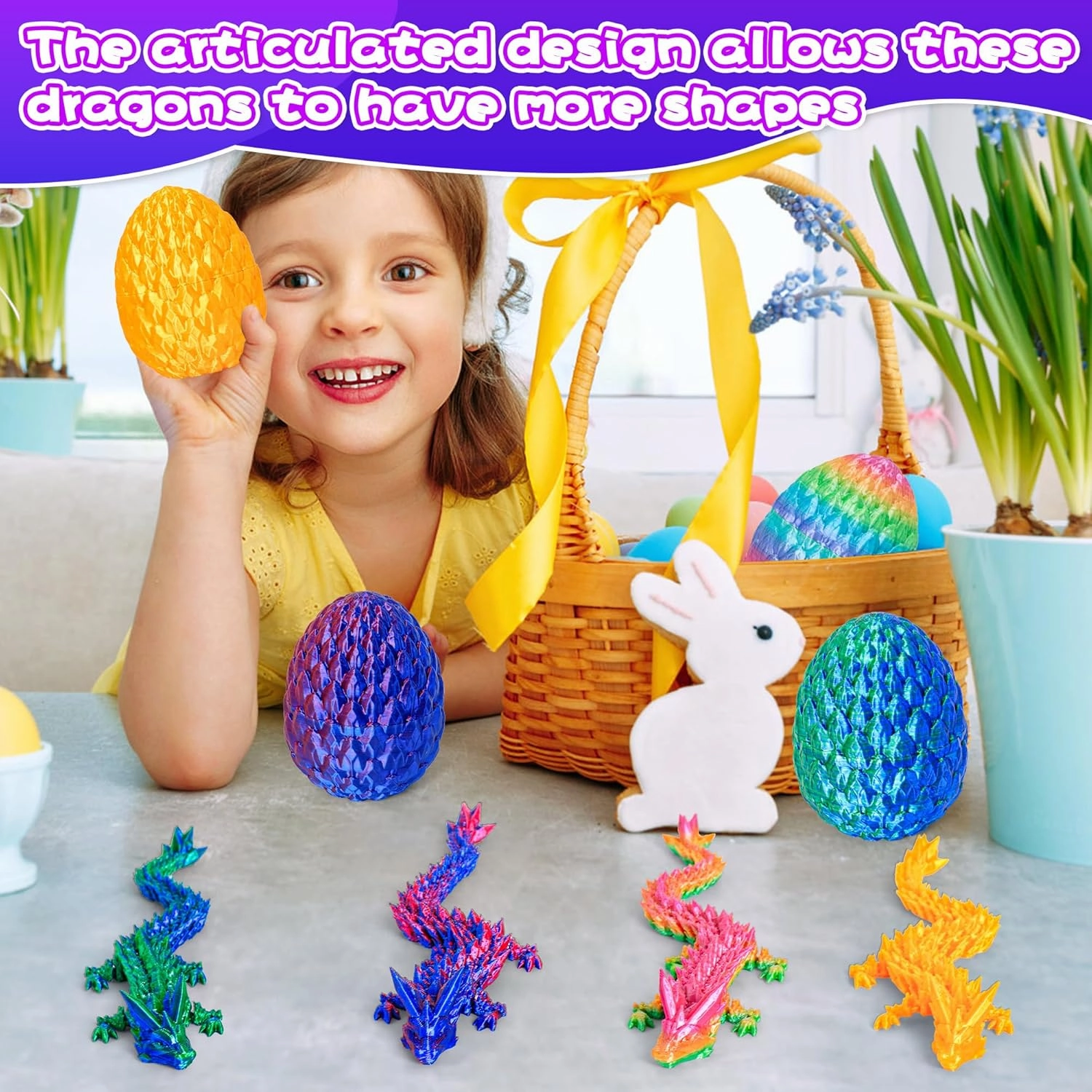 3D Printed Articulated Dragon Egg – Easter Basket Stuffers, Fidget Toy Gift for Kids & Adults(4Pcs)