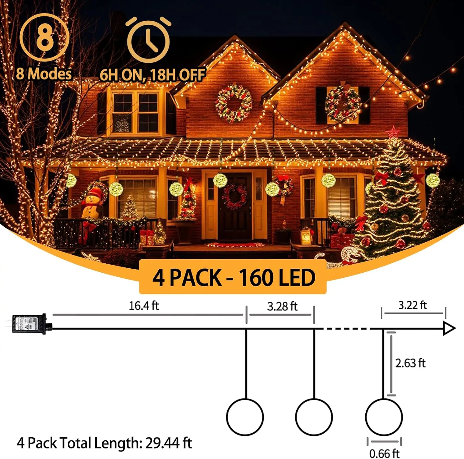 4 Pack 160Led Christmas Ball Lights for Tree Outdoor, 8 Modes 7.87in Globe String Lights Waterproof, Sphere Fairy Outside for Window House Garden Yard Porch Indoor Decorations, Warm White