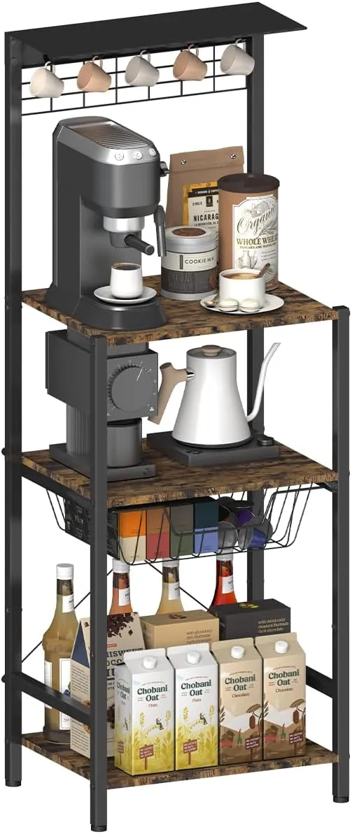4 Tier Coffee Bar Station, Corner Bakers Rack with 5 Hooks & Wire Basket, Coffee Maker Stand For Small Space, Kitchen Storage Shelf For Entryway, Living Room, Café, Black, 16.5"x13"x47.8"