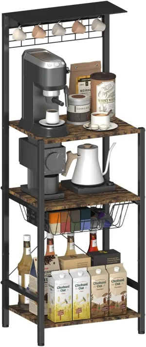 4 Tier Coffee Bar Station, Corner Bakers Rack with 5 Hooks & Wire Basket, Coffee Maker Stand For Small Space, Kitchen Storage Shelf For Entryway, Living Room, Café, Black, 16.5"x13"x47.8"