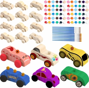42 Pcs Unfinished Wooden Cars Include 18 Wood DIY Car Toys Wood Car Crafts Painting with 24 Painting Tools for Kids Home Activities Arts Crafts Projects Easy Woodworking Party Favors