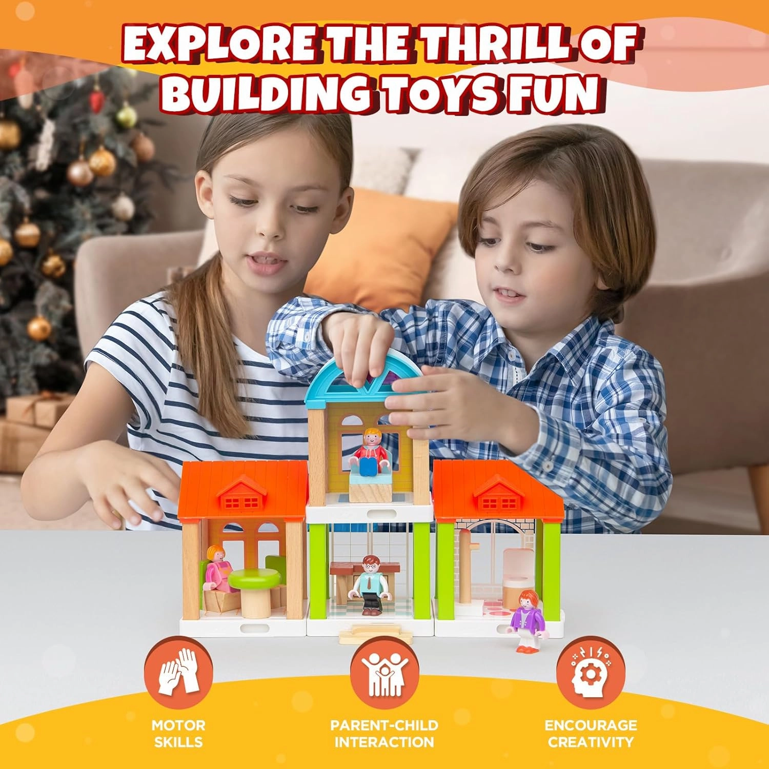 42-Piece Small Wooden Dollhouse Set, 4-Room Family Toy House with 4 Movable Dolls, DIY Doll House Furniture Accessories, Birthday for Kids Ages 3-8 (12.24" L x 4.06" W x 9.44" H)