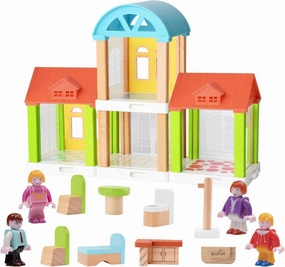 42-Piece Small Wooden Dollhouse Set, 4-Room Family Toy House with 4 Movable Dolls, DIY Doll House Furniture Accessories, Birthday for Kids Ages 3-8 (12.24" L x 4.06" W x 9.44" H)