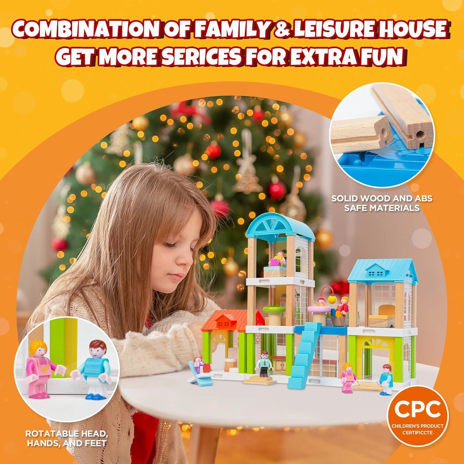 42-Piece Small Wooden Dollhouse Set, 4-Room Family Toy House with 4 Movable Dolls, DIY Doll House Furniture Accessories, Birthday for Kids Ages 3-8 (12.24" L x 4.06" W x 9.44" H)