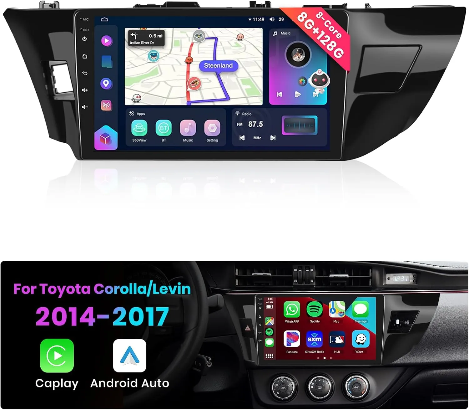 【4G LTE/ 5GWiFi】 8Core 8G 128G Radio for Toyota Corolla/Levin 2014-2017 Car Stereo with Wireless CarPlay Android Auto AM/FM DSP 36EQ,Podofo 10.1inch 1280x720P Touch Screen Bluetooth GPS Backup Camera