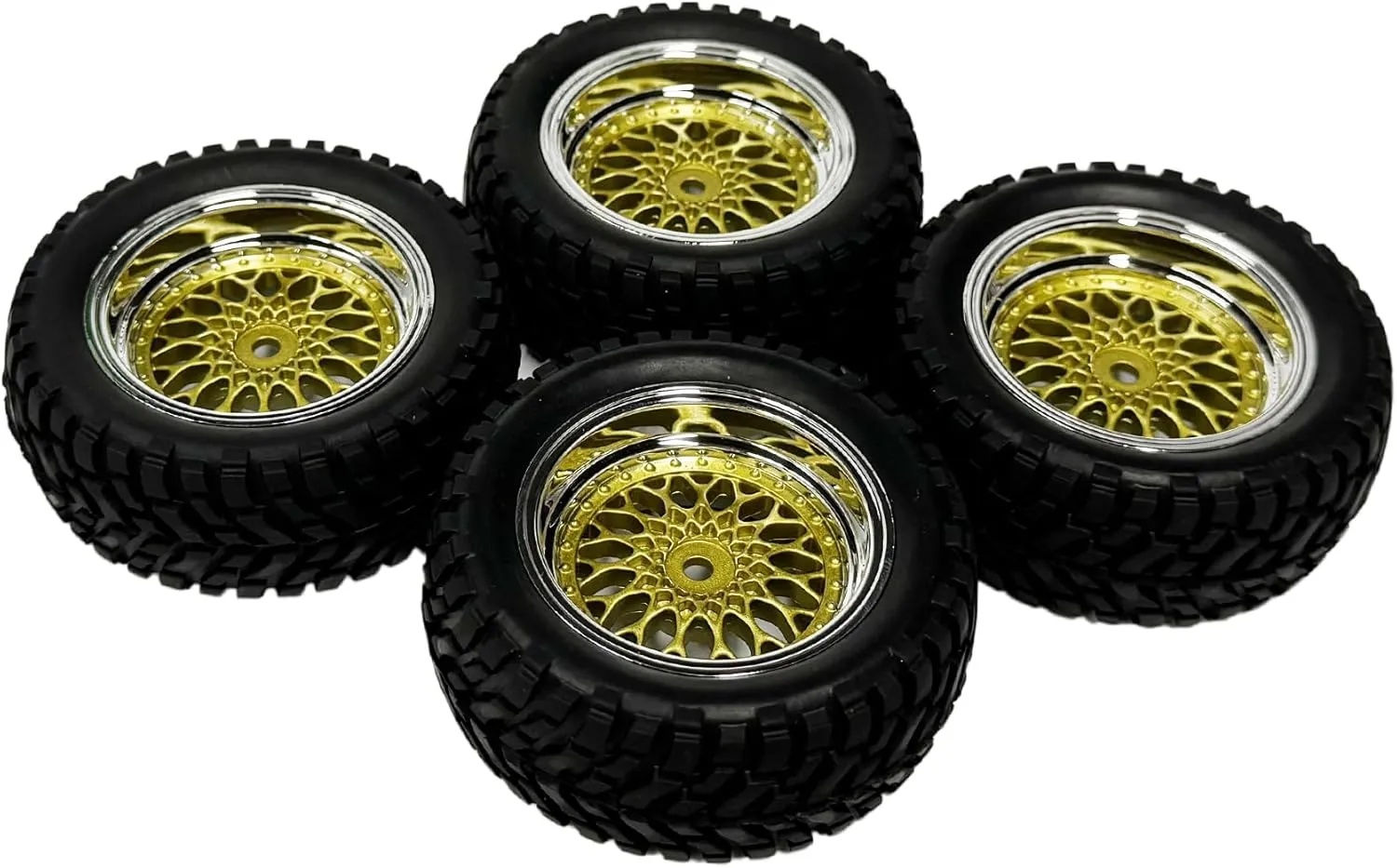 4PCS 75mm Rubber Tyre 1.9 inch Plating Plastic Wheel Rims Tires 12mm Hex for 1/14 1/16 Off Road Buggy Truck 1/10 RC On Road Racing Car for HSP HPI SCX10 TRX4 Tamiya(Gold Silver,Offset:6mm)