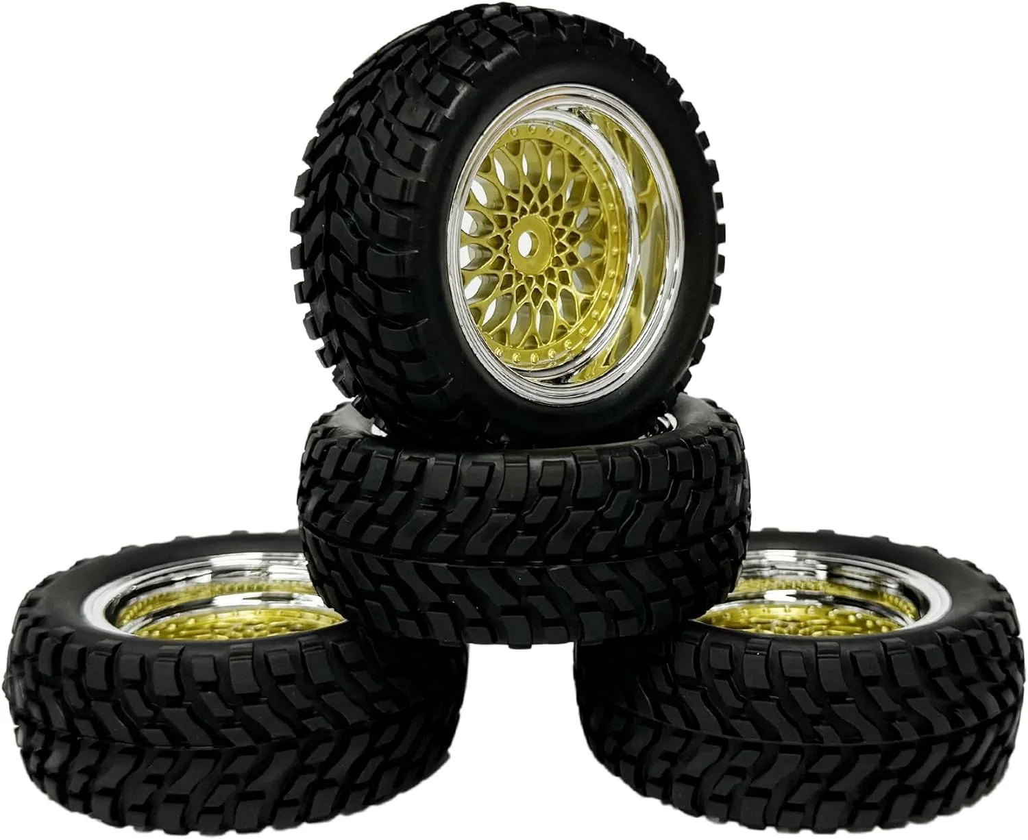 4PCS 75mm Rubber Tyre 1.9 inch Plating Plastic Wheel Rims Tires 12mm Hex for 1/14 1/16 Off Road Buggy Truck 1/10 RC On Road Racing Car for HSP HPI SCX10 TRX4 Tamiya(Gold Silver,Offset:6mm)