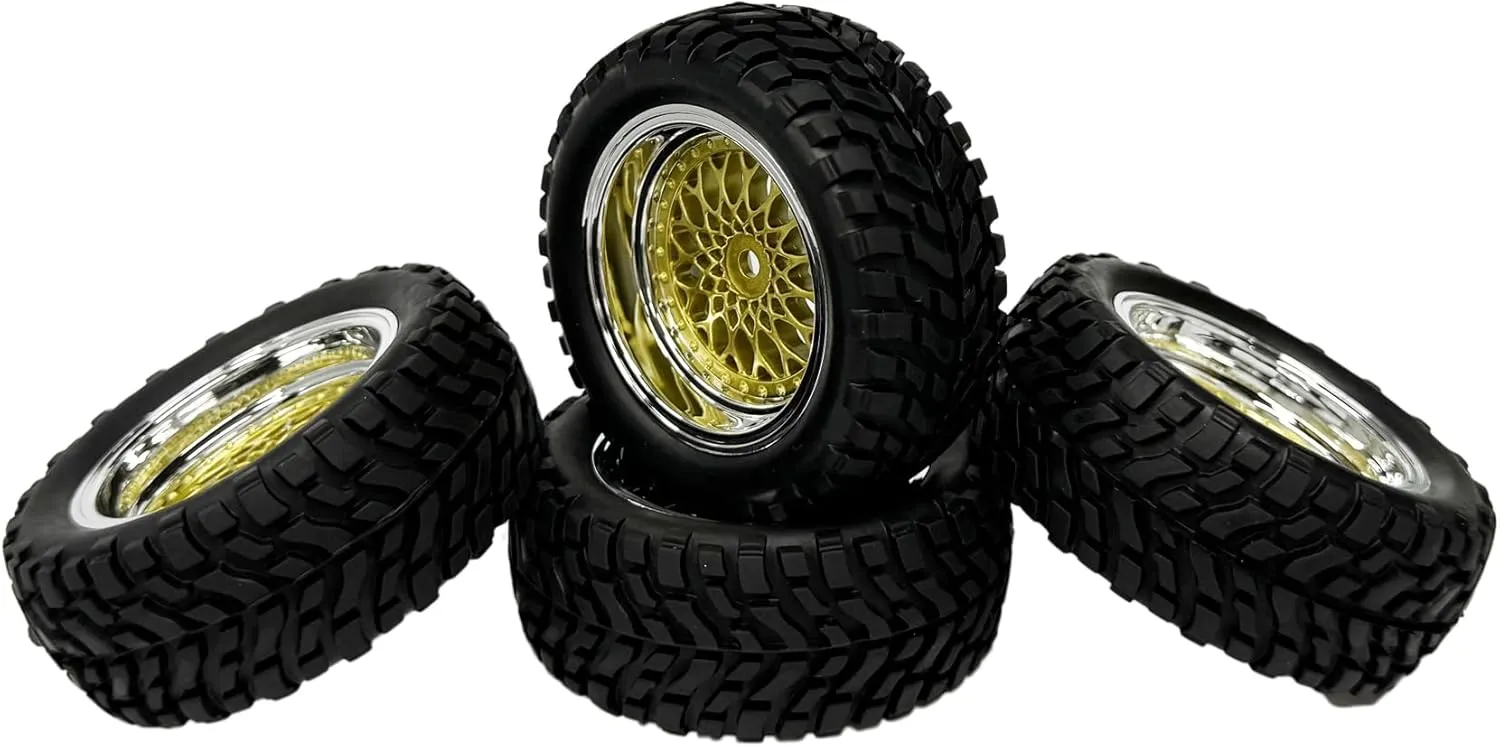 4PCS 75mm Rubber Tyre 1.9 inch Plating Plastic Wheel Rims Tires 12mm Hex for 1/14 1/16 Off Road Buggy Truck 1/10 RC On Road Racing Car for HSP HPI SCX10 TRX4 Tamiya(Gold Silver,Offset:6mm)