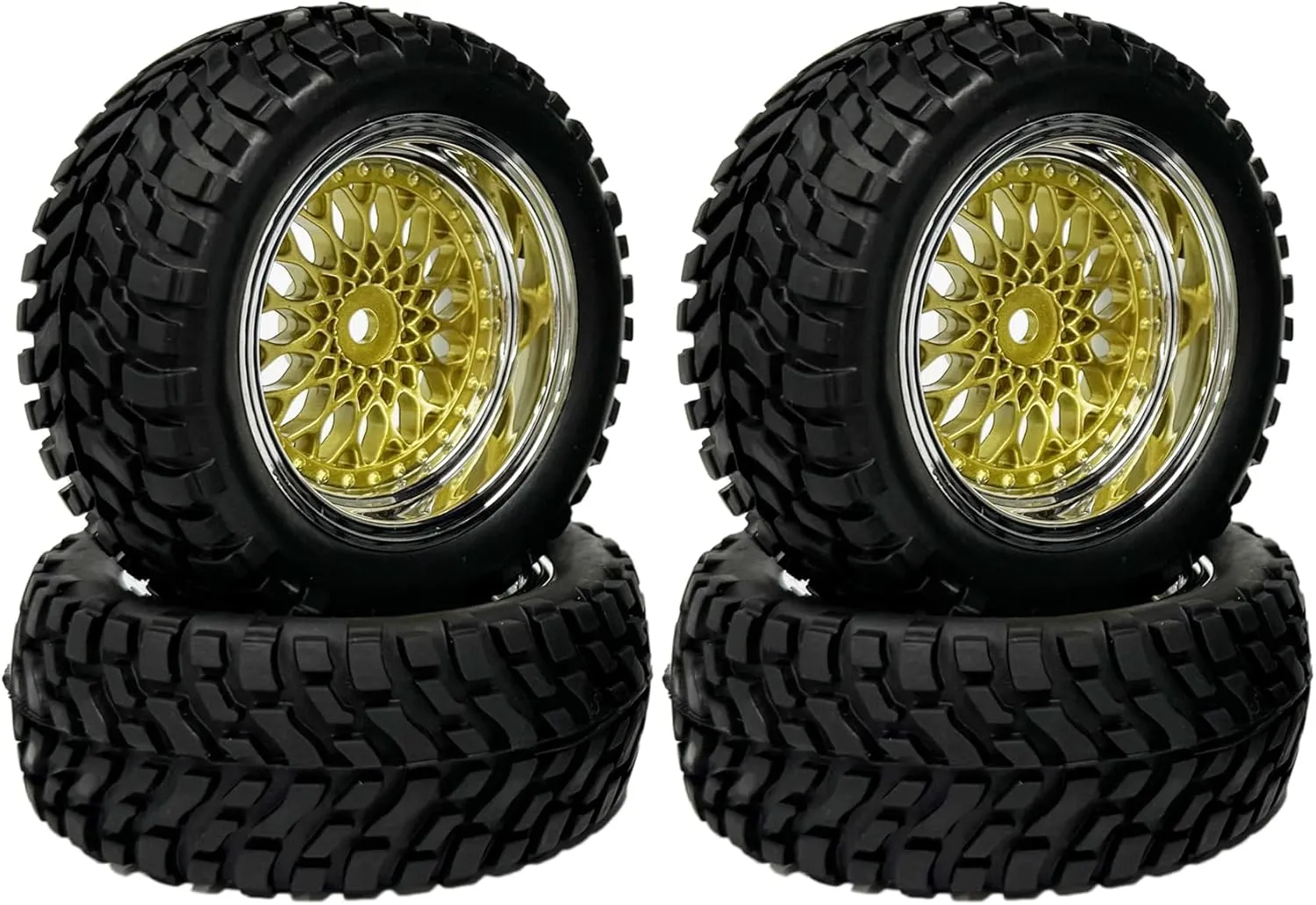 4PCS 75mm Rubber Tyre 1.9 inch Plating Plastic Wheel Rims Tires 12mm Hex for 1/14 1/16 Off Road Buggy Truck 1/10 RC On Road Racing Car for HSP HPI SCX10 TRX4 Tamiya(Gold Silver,Offset:6mm)