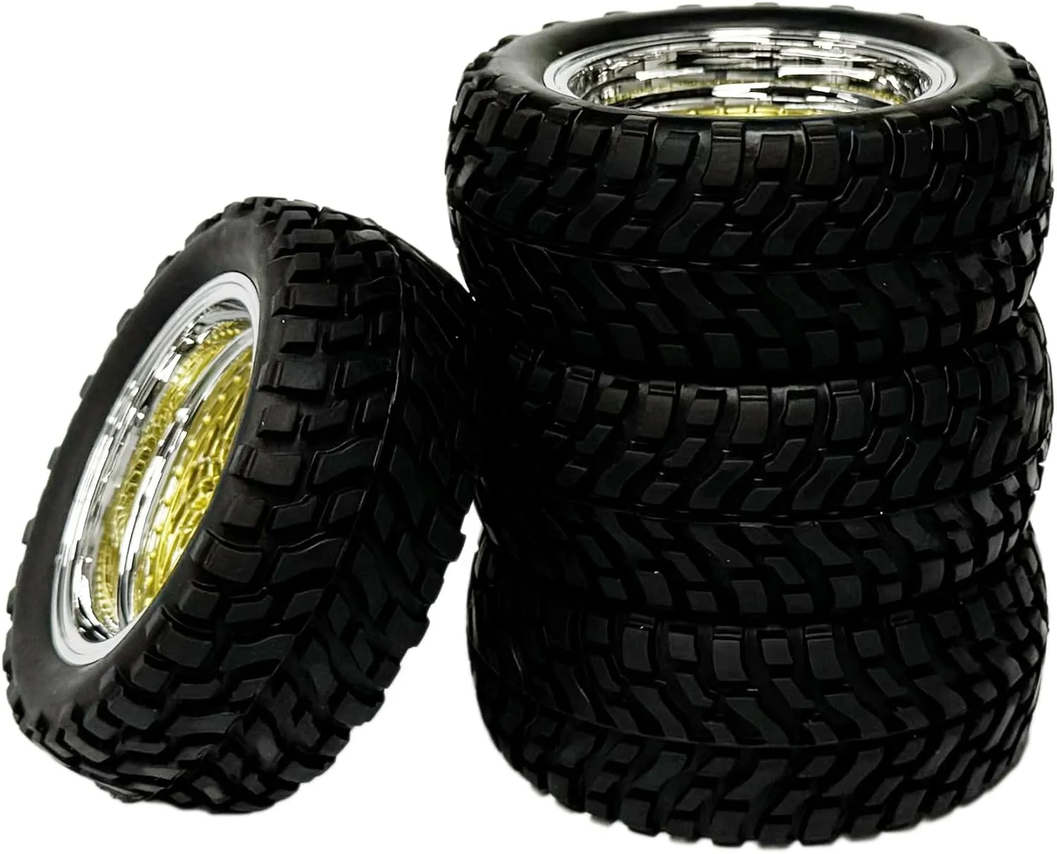4PCS 75mm Rubber Tyre 1.9 inch Plating Plastic Wheel Rims Tires 12mm Hex for 1/14 1/16 Off Road Buggy Truck 1/10 RC On Road Racing Car for HSP HPI SCX10 TRX4 Tamiya(Gold Silver,Offset:6mm)