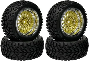 4PCS 75mm Rubber Tyre 1.9 inch Plating Plastic Wheel Rims Tires 12mm Hex for 1/14 1/16 Off Road Buggy Truck 1/10 RC On Road Racing Car for HSP HPI SCX10 TRX4 Tamiya(Gold Silver,Offset:6mm)
