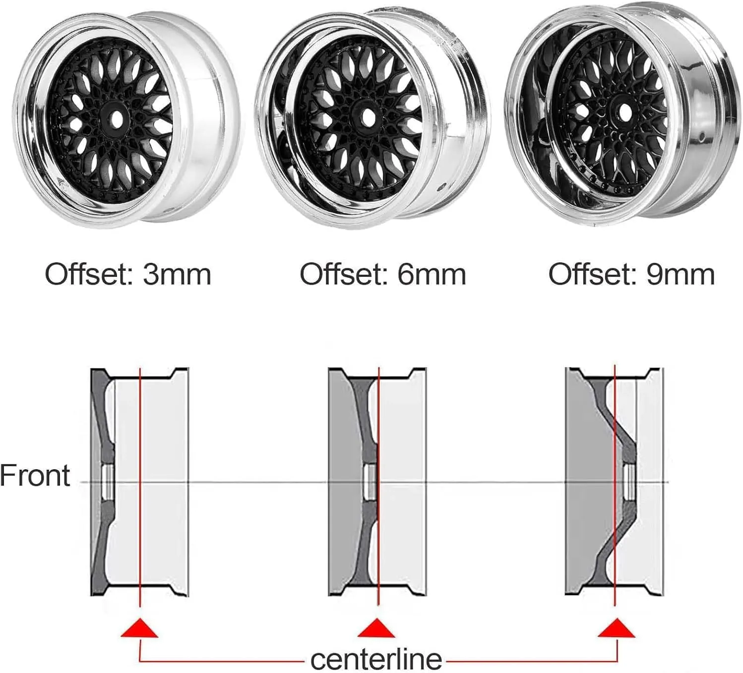 4PCS 75mm Rubber Tyre 1.9 inch Plating Plastic Wheel Rims Tires 12mm Hex for 1/14 1/16 Off Road Buggy Truck 1/10 RC On Road Racing Car for HSP HPI SCX10 TRX4 Tamiya(Gold Silver,Offset:6mm)