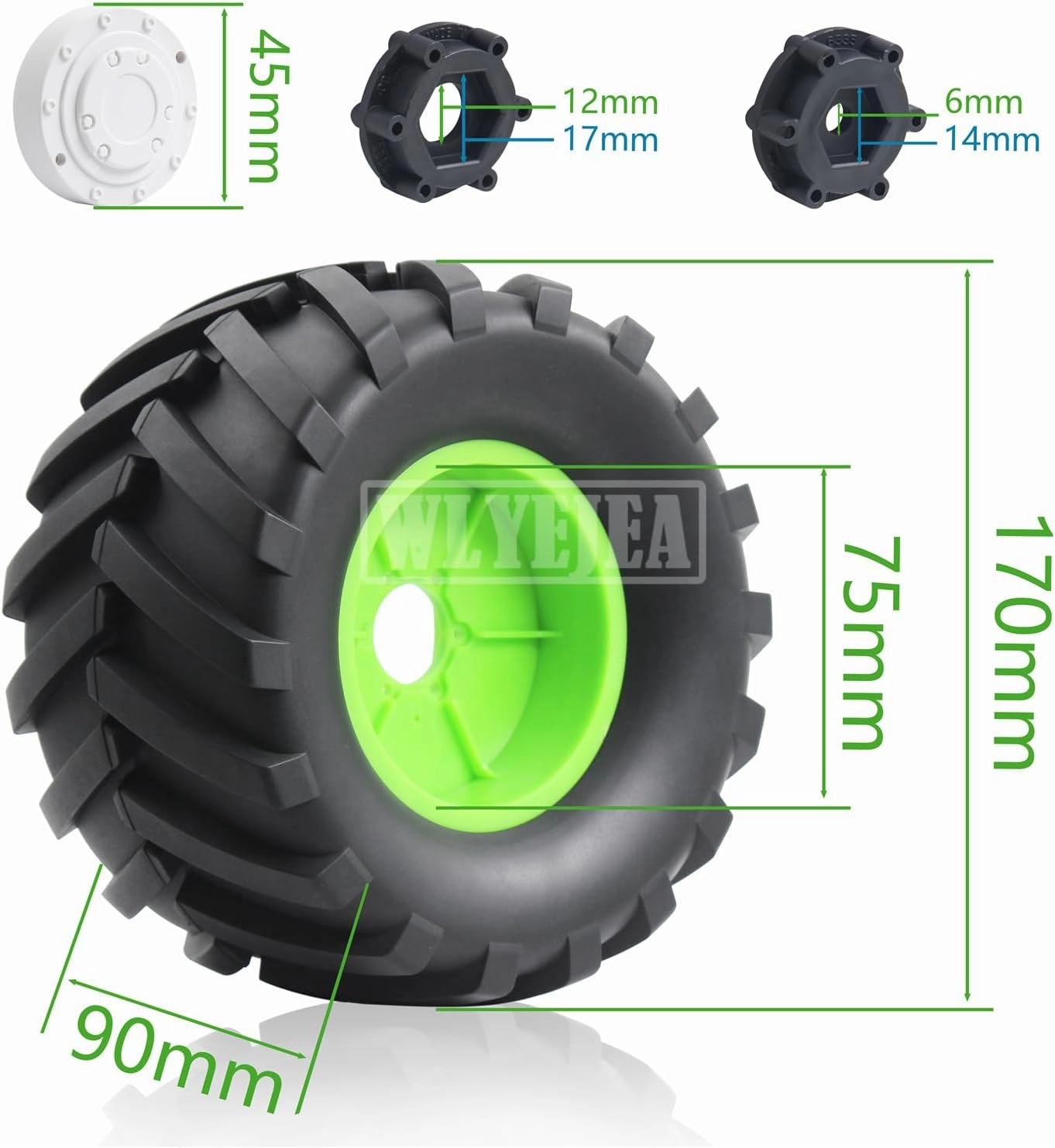 4PCS 1/8 Scale RC Monster Truck Rubber Tire w/17mm Hex Plastic Wheel Rim 173mm/91mm Rubber Rocks Tyres Set Fit for 1/8 Traxxas Sledge 95076-4 Arrma Kraton 6S Typhon 3S HSP HPI Redcat Kaiju