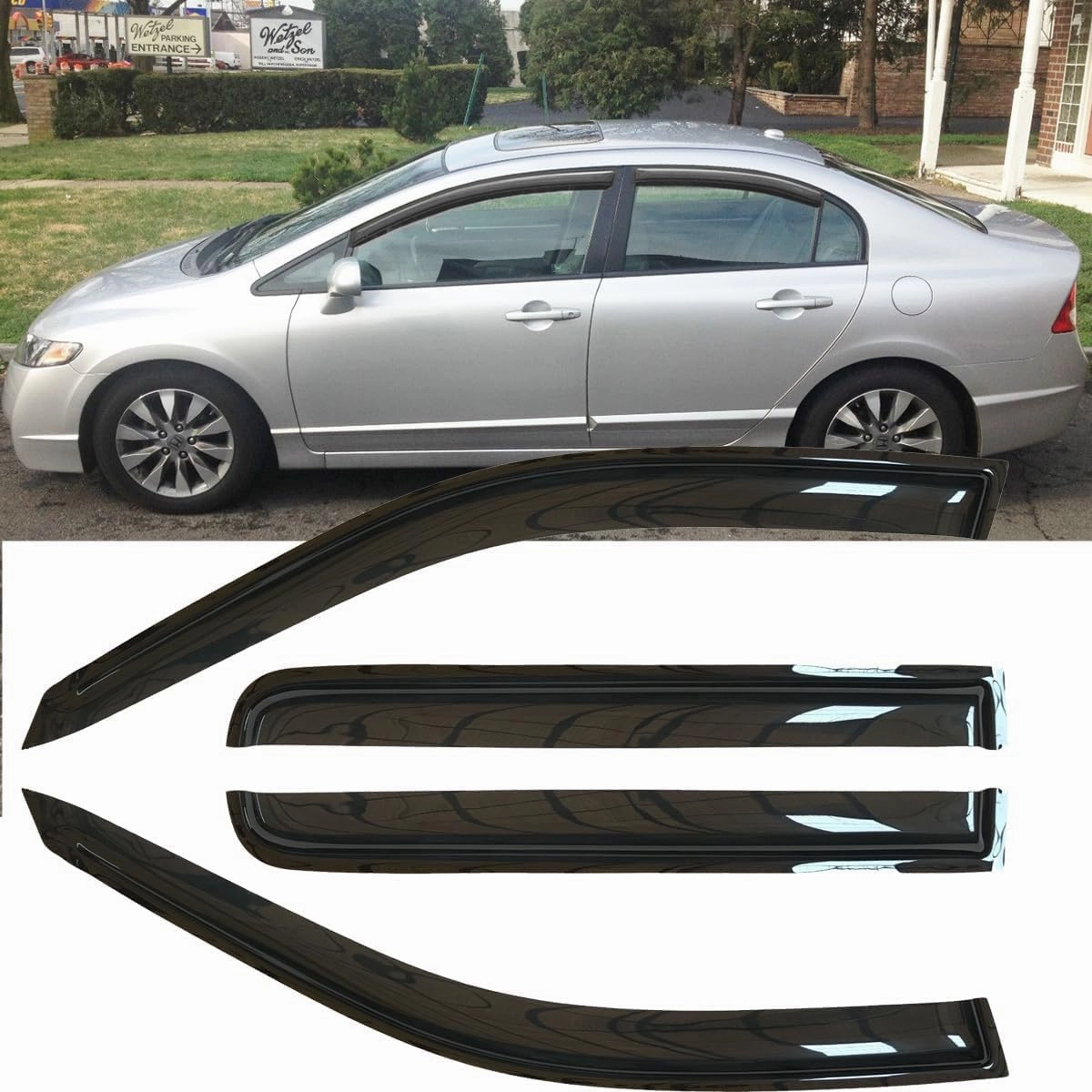 4pcs Original Shatterproof Outside Mount Style Sun Rain Guards Side Window Wind Deflectors Dark Smoke Nice Looking Vent Window Visors Compatible with 2006-2011 Civic 4-Door Sedan 94944